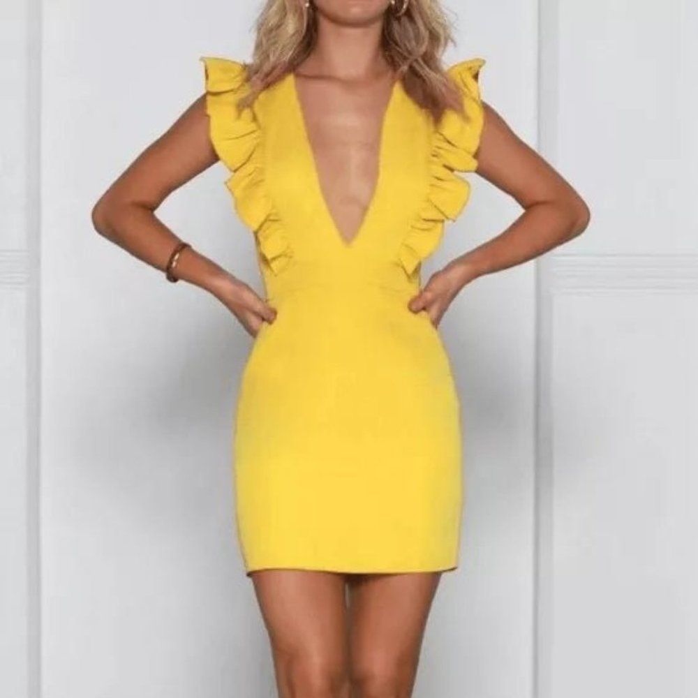 Yellow Ruffle V-Neck Bodycon Dress